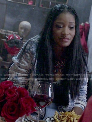 Zayday's blue tie dyed bomber jacket on Scream Queens