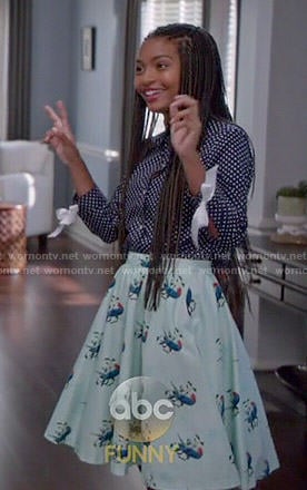 Zoey's mint green bird print skirt and polka dot shirt on Black-ish