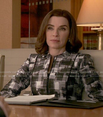 Alicia's black and white checked print jacket on The Good Wife