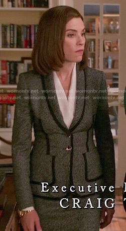 Alicia's grey blazer with black trim on The Good Wife