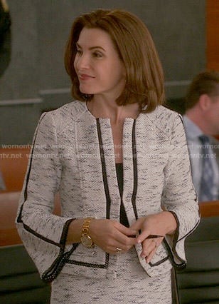 Alicia's tweed jacket with flared sleeves on The Good Wife