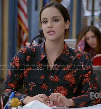 Amy's black and red floral blouse on Brooklyn Nine-Nine