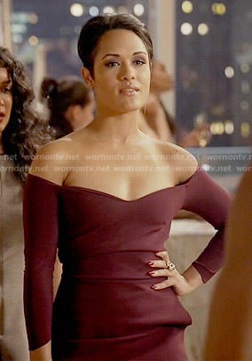 Anika's burgundy off-shoulder dress on Empire