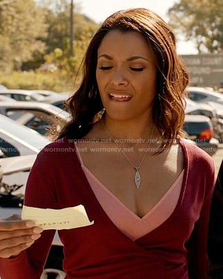 Bonnie's red wrap top on The Vampire Diaries