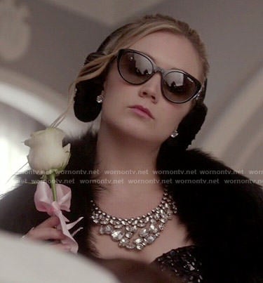 Chanel 3's black embellished crop top and  bib necklace on Scream Queens