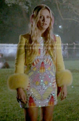 Chanel 3's popsicle embellished dress and yellow tweed jacket on Scream Queens