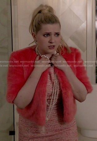 Chanel 5's coral fur jacket on Scream Queens