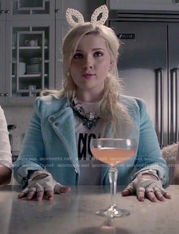 Chanel 5's Francais tee and blue jacket on Scream Queens