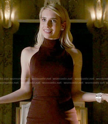 Chanel's burgundy mock-neck dress dress on Scream Queens