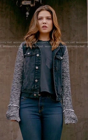 Davina's black denim jacket with grey knit sleeves on The Originals