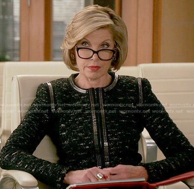 Diane's black tweed jacket with silver trim on The Good Wife