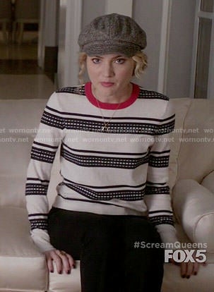 Grace's white and navy striped sweater with red trim on Scream Queens