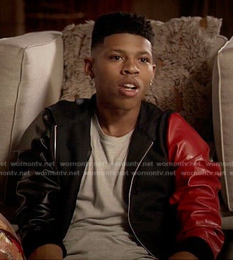 Hakeem's jacket with one red leather sleeve on Empire