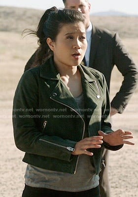 Happy's dark green suede moto jacket on Scorpion