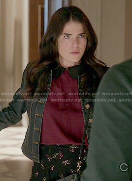 Laurel's denim jacket and printed skirt on How to Get Away with Murder