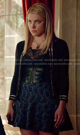 Mary Louise's scalloped trim cardigan and caged leather belt on The Vampire Diaries