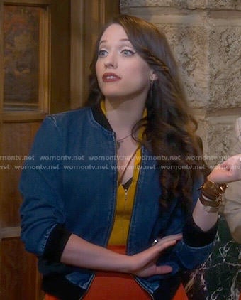 Max's denim bomber jacket on 2 Broke Girls