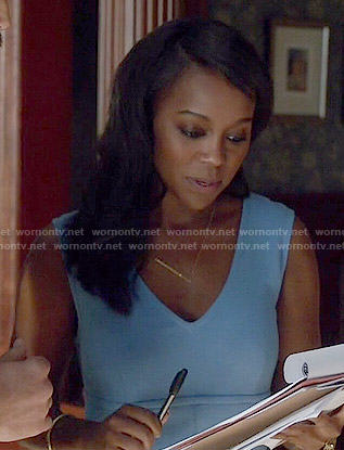 Michaela's blue v-neck dress with front pockets on How to Get Away with Murder