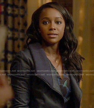 Michaela's navy leather jacket with knit collar on How to Get Away with Murder
