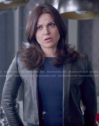 Regina's blue zipper dress and cropped leather jacket on Once Upon a Time