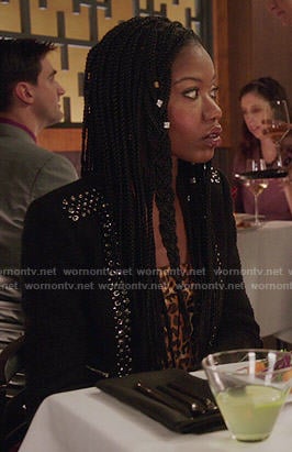 Tamra's black studded jacket on The Mindy Project