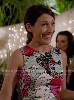Abby's bird and flower illustration print dress on Girlfriends Guide to Divorce
