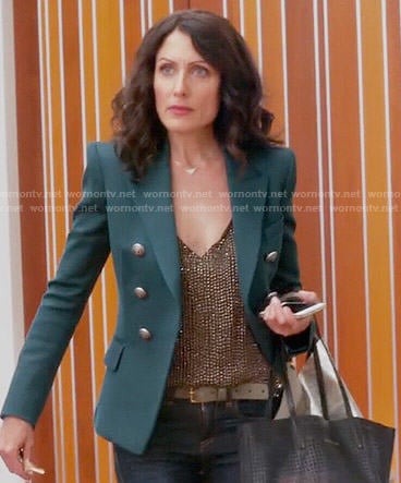 Abby's gold sequin top and green blazer on Girlfriends Guide to Divorce