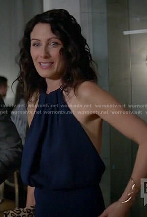 Abby's navy blue chain neck halter dress on Girlfriends Guide to Divorce