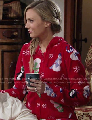 Abby's red Christmas snowman print onesie on The Young and the Restless