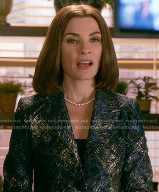 Alicia's black, silver and blue printed jacket on The Good Wife