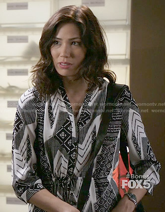 Angela's black and white printed dress on Bones