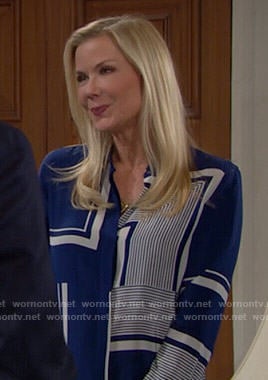 Brooke's blue bordered print blouse on The Bold and the Beautiful