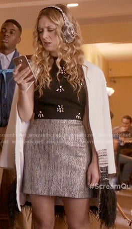 Chanel 3's white feather trim coat on Scream Queens