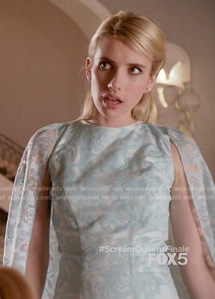 Chanel's blue paisley caped dress on Scream Queens