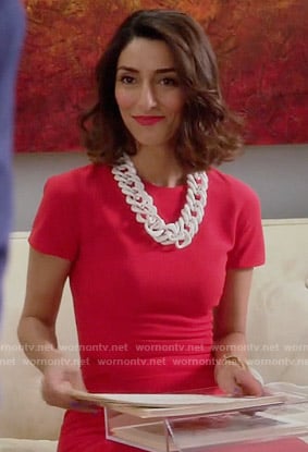 Delia's red short sleeved dress on Girlfriends Guide to Divorce