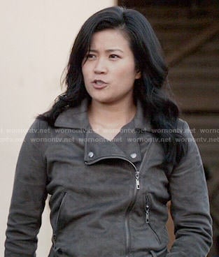 Happy's grey suede moto jacket on Scorpion