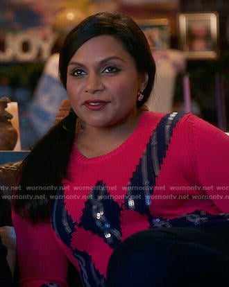 Mindy's red geometric sequined sweater on The Mindy Project