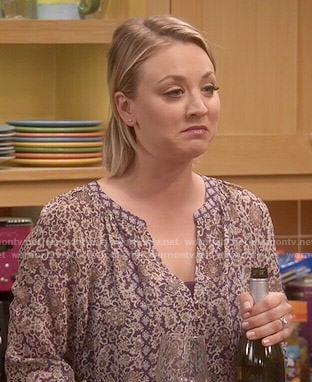Penny's purple printed blouse on The Big Bang Theory