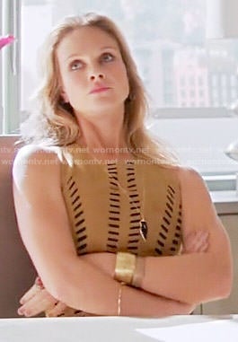 Phoebe's tan dress with black stripes on Girlfriends Guide to Divorce