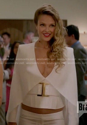 Phoebe's white caped top and trousers on Girlfriends Guide to Divorce