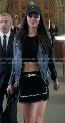 Princess Eleanor's black studded mini skirt with fringed hem on The Royals