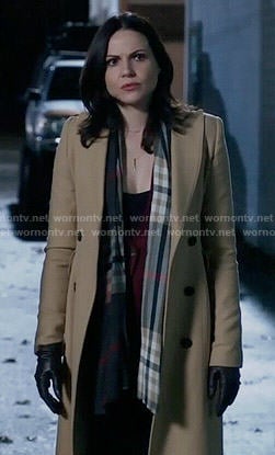 Regina's long camel coat and checked scarf on Once Upon a Time
