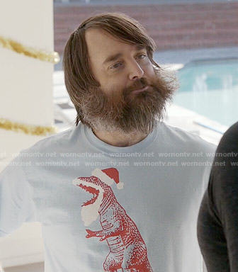 Tandy's blue santa t-rex t-shirt on Last Man on Earth
