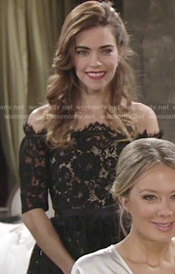 Victoria's black lace off-shoulder dress at Abby's wedding on The Young and the Restless