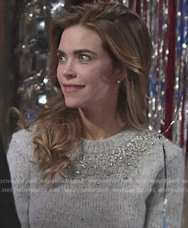 Victoria's grey embellished sweater and buckled skirt on The Young and the Restless