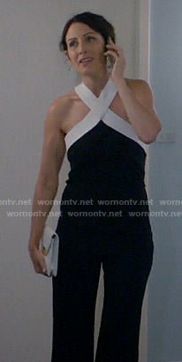 Abby's black and white cross-neck jumpsuit on Girlfriends Guide to Divorce