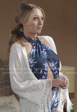 Abby's cross-front swimsuit and white fringed kimono on The Young and the Restless
