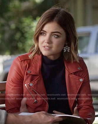 Aria's red leather jacket on Pretty Little Liars