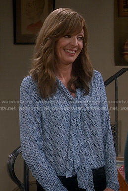 Bonnie's blue dotted print blouse with bow neck on Mom