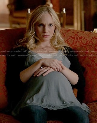 Caroline's blue lace trim top on The Vampire Diaries